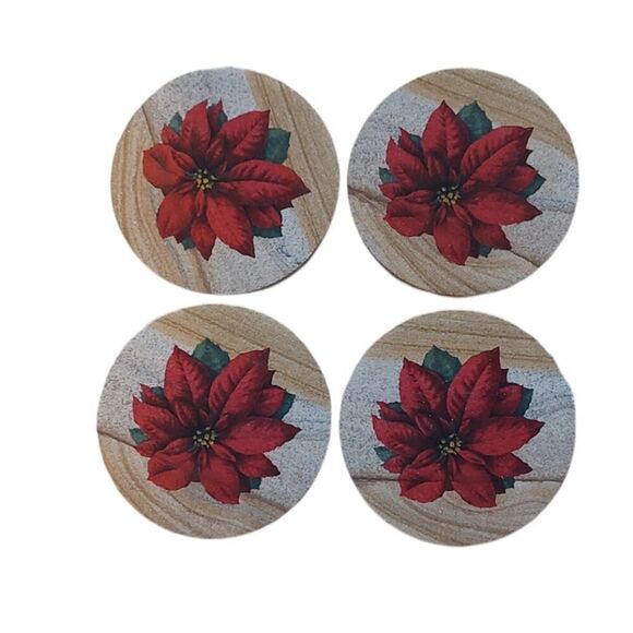 Set of 4 Stone Poinsettia Coasters - Picture 1 of 3
